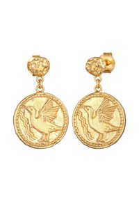 Guldfärgade örhängen med runda, myntlika medaljonger med en fågildesign. Texturerade detaljer och cirkulära, texturerade stift.