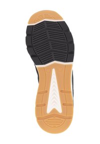 Svart gummiskosula med ett strukturerat mönster. Har en vit och beige mellansula med greppgropar och en vinklad design vid hälen.