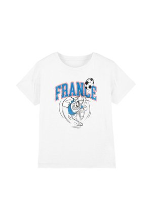 White t-shirt with a blue and red "FRANCE" text and a cartoon character kicking a soccer ball in a soccer uniform.