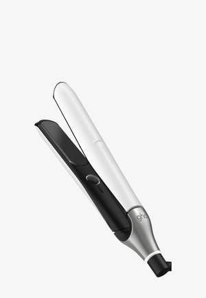 Lisseur à cheveux sans fil blanc et noir avec des bords arrondis et un bouton d'alimentation sur le côté de la plaque intérieure noire.