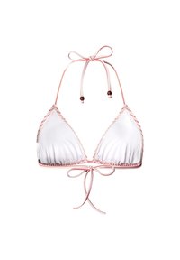 Top bikini triangolo in morbido tessuto bianco con dettagli decorativi in rosa pallido. Presenta lacci regolabili al collo e sulla schiena, con ornamentazioni in legno.