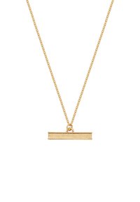 Gold-tone necklace with a linked chain and a horizontal bar pendant featuring a textured edge and smooth center.