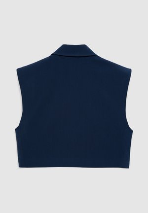 Marineblaues ärmelloses Oberteil mit Kragen, das eine glatte Textur und eine taillierte Passform aufweist und für einen klaren, minimalistischen Look entworfen wurde.