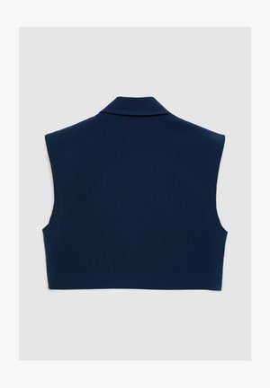 Marineblaues ärmelloses Oberteil mit Kragen, das eine glatte Textur und eine taillierte Passform aufweist und für einen klaren, minimalistischen Look entworfen wurde.