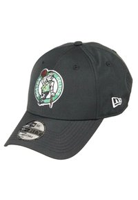 Black baseball cap featuring an embroidered Boston Celtics logo with a leprechaun holding a basketball, adjustable strap, and textured material.