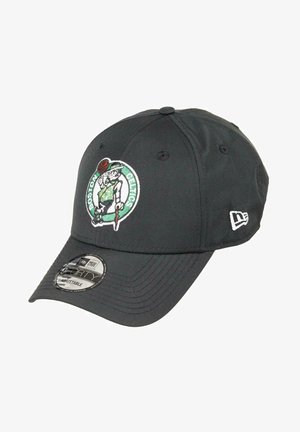 Black baseball cap made of cotton, featuring an embroidered green and white Boston Celtics logo on the front. Adjustable back strap.