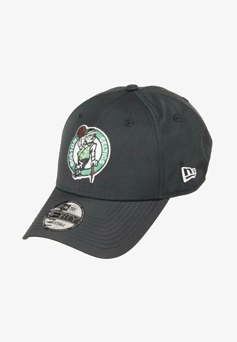 Black baseball cap featuring an embroidered Boston Celtics logo with a leprechaun holding a basketball, adjustable strap, and textured material.