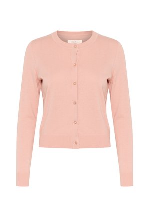 Light pink cardigan, ribbed texture, long sleeves, round neckline, front button closure with light buttons, and fitted hem.