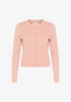 Hellrosa Strickjacke, gerippte Textur, lange Ärmel, runder Ausschnitt, vorn mit hellen Knöpfen zu schließen und taillierter Saum.