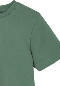 Green cotton t-shirt with a crew neckline and short sleeves. Smooth texture, featuring neat stitching along the edges.