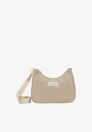 Bolso de hombro beige hecho de material sintético liso, con forma curva, logo en relieve y una correa desmontable con detalles de logo.