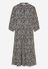 Zwart-witte jurk met patroon, driekwart mouwen, knoopsluiting, tailleband en een vloeiende rok. Gemaakt van lichtgewicht stof.