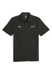 Czarny polo z krótkim rękawem, wykonany z teksturowanej tkaniny, z turkusowymi akcentami oraz logo Puma i Mercedes na piersi.