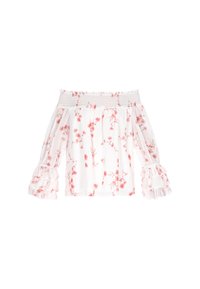 Hvid off-the-shoulder bluse med pink blomsterprint, rynket talje og gennemsigtige puffærmer med flæse detaljer. Blødt, svævende stof.