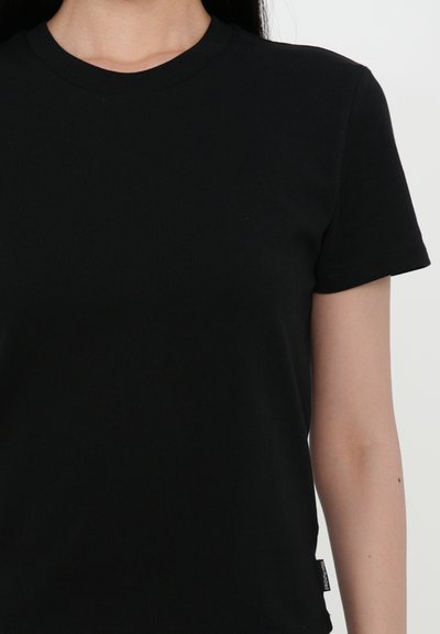 Black cotton t-shirt with a crew neckline and short sleeves. Features a clean, fitted design with a visible side tag.