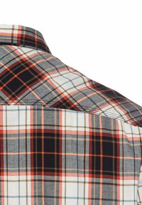 Short-sleeve plaid shirt featuring a mix of white, gray, and maroon colors, with intersecting lines creating a check pattern.