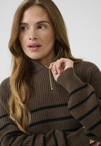 Brauner Strickpullover mit goldener Halbreißverschluss und schwarzen horizontalen Streifen sowie gerippten Bündchen. Der strukturierte Stoff sorgt für Wärme.