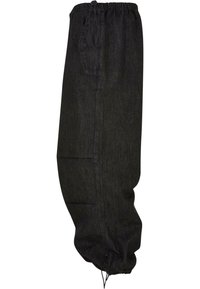Sorte denimbukser med loose fit, elastisk talje, justerbar snor og sidelommer. Struktureret stof med en subtil glans.