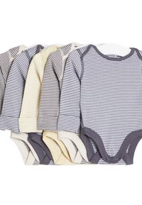 Conjunto de cinco bodies de manga larga en suave algodón. Los colores incluyen gris y crema con finas rayas. Cierres a presión en la entrepierna.