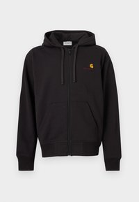 Μαύρο hoodie με φερμουάρ, μπροστινές τσέπες, κουκούλα με κορδόνια και μικρό κίτρινο και κόκκινο λογότυπο Carhartt στην αριστερή πλευρά του στήθους.
