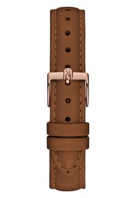 Brun läderklockarmband med en slät yta, flera hål för justering och ett roséguldsspak. Har stickade detaljer.