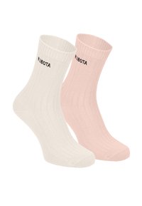 Skarpetki z bawełny w kolorze kremowym i jasnoróżowym, z czarnym logo "KUBOTA" na mankiecie. Teksturowany fason do połowy łydki.