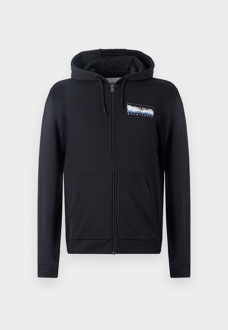 Czarna rozpinana bluza z kapturem, z przednimi kieszeniami, sznurkiem w kapturze i małym prostokątnym logo graficznym po lewej stronie klatki piersiowej.