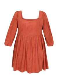 Rostfarbendes Kleid aus weichem, strukturiertem Stoff. Hat einen quadratischen Ausschnitt, lange puffärmel und einen ausgestellten Rock.