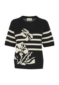 Sort strikket sweater med korte ærmer, med hvide vandrette striber og et blomstermønster på forsiden. Rund halsudskæring og tekstureret stof.