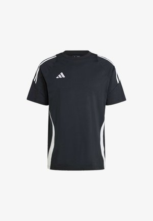 Schwarzes T-Shirt mit kurzen Ärmeln, weißen Seitenakzenten und drei weißen Streifen auf den Schultern. Hat einen Rundhalsausschnitt und ist aus leichtem Stoff.