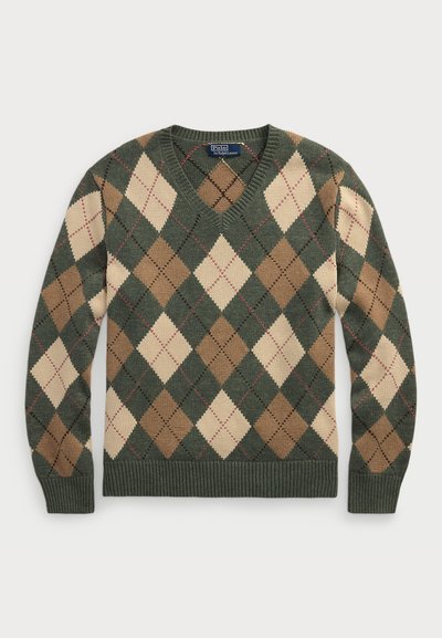 Sweter z dekoltem w serek z zielonym, beżowym i brązowym wzorem argyle. Wykonany z dzianiny, z prążkowanymi mankietami i dołem. Metka widoczna przy dekolcie.