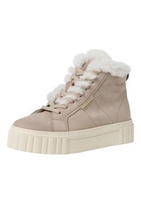Zapatilla alta de ante texturizado en tono marrón, con un collar de pelo sintético, cordones en color beige y una suela de plataforma blanca con estrías.
