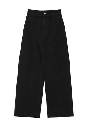 Pantaloni in denim nero a gamba larga con vita alta, colore uniforme e un semplice bottone in argento davanti. Nessun motivo o decorazione.
