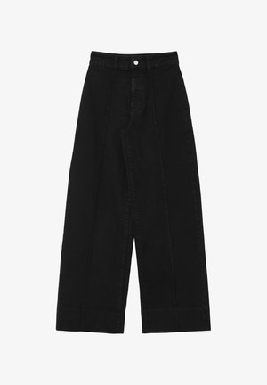 Pantaloni in denim nero a gamba larga con vita alta, colore uniforme e un semplice bottone in argento davanti. Nessun motivo o decorazione.