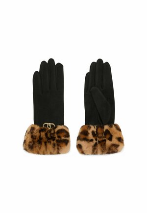 Gants noirs avec un poignet en fausse fourrure douce imitant le léopard et un accent en métal doré au niveau du poignet. Texture lisse et coupe ajustée.