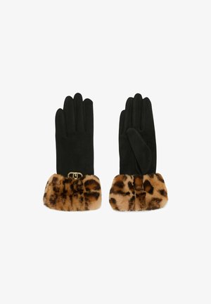 Schwarze Handschuhe mit einem weichen, Leopardenmuster-Faux-Fur-Bündchen und einem goldenen Hardware-Detail am Handgelenk. Glatte Textur und taillierte Passform.