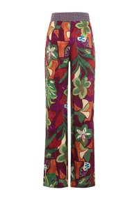 Floral wijde broek met een multikleurig patroon in groen, rood en paars. Elastische tailleband met een patroonrand. Gladde stofstructuur.