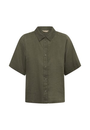 Oliiviroheline lühikeste varrukatega nööbitav särk terava kraega ja lahtise lõikega, valgel taustal.