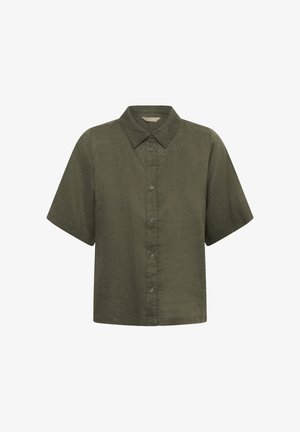 Camisa de manga corta color verde oliva con botones, cuello puntiagudo y corte holgado, mostrada sobre un fondo blanco.