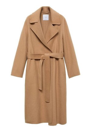 Cappotto in misto camel con colletto a revers, vita con cintura e maniche lunghe. Presenta una linea dritta e un design minimalista.