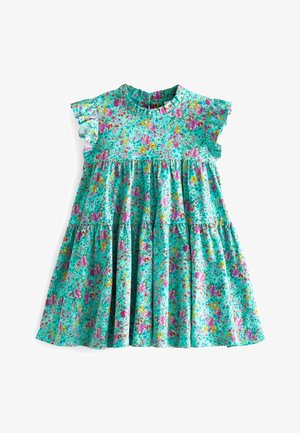 Robe pour tout-petit avec fond turquoise, motif floral rose et jaune, manches volantées courtes et jupe froncée.