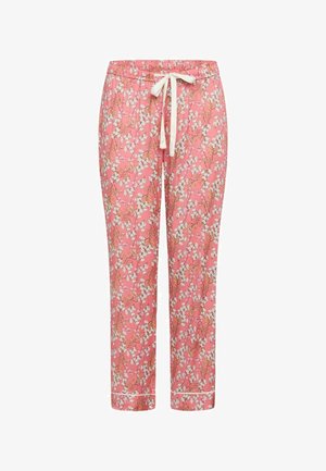 Pink floral pajama pants with a drawstring waistband, featuring white floral patterns and contrasting white trim at the cuffs.