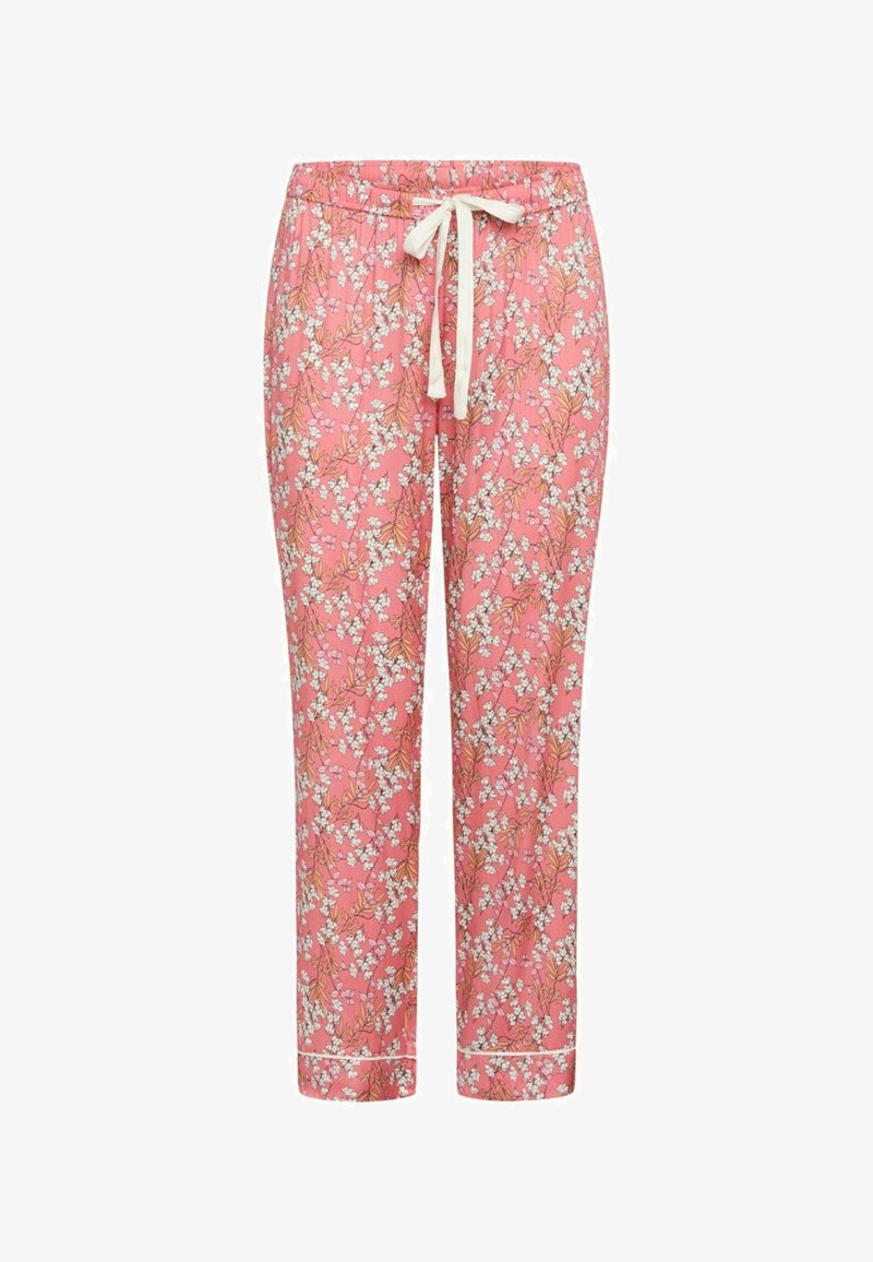 Roze cvjetne pidžama hlače s elastičnim pojasom, ukrašene bijelim cvjetnim uzorcima i kontrastnim bijelim obrubima na rubovima.