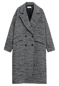 Langer schwarz-weißer Wolle-Mantel mit Fischgrätmuster, breiten Revers, doppelt-knöpfiger schwarzer Knöpfe und vorderen Klapptaschen.