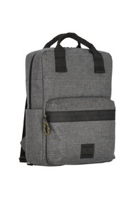 Mochila de tela gris con forma estructurada, que cuenta con un bolsillo frontal con cremallera y acentos negros, dos asas en la parte superior y un bolsillo de malla lateral.