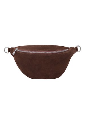 Braune Wildleder-Gürteltasche mit silbernem Reißverschluss vorne und silbernen Ringen an jedem Ende zum Befestigen eines Riemens.