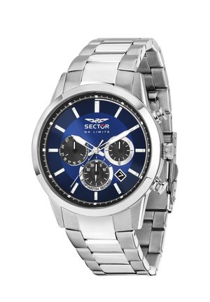 Orologio da polso in metallo argentato con quadrante blu, tre quadranti neri, finestra della data e logo "Sector No Limits" sul quadrante.