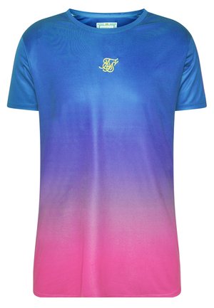 Herre T-shirt med korte ærmer med blå til pink gradient og lille gul broderet logo centreret under halsudskæringen.