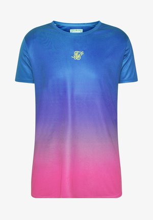 Kurzärmeliges Herren-T-Shirt mit blau-pinkem Farbverlauf und kleinem gelbem, besticktem Logo zentriert unterhalb des Halsausschnitts.