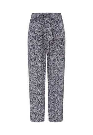 Middelblauwe broek met een elastische taille en strikriem, met een all-over patroon van kleine witte en roze bloemen.